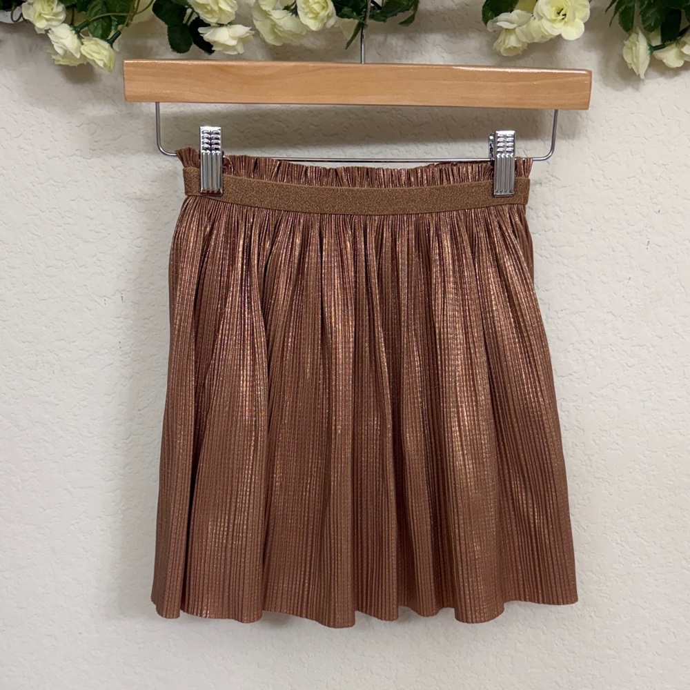 Zara • Warm Copper Metallic Micro Pleated Twirl Skirt with Ruffle Stretch Waist